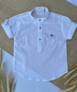Conjunto Batizado Casamento Verão infantil menino com Bata Gola Padre manga curta e Jardineira bermuda Linho bege
